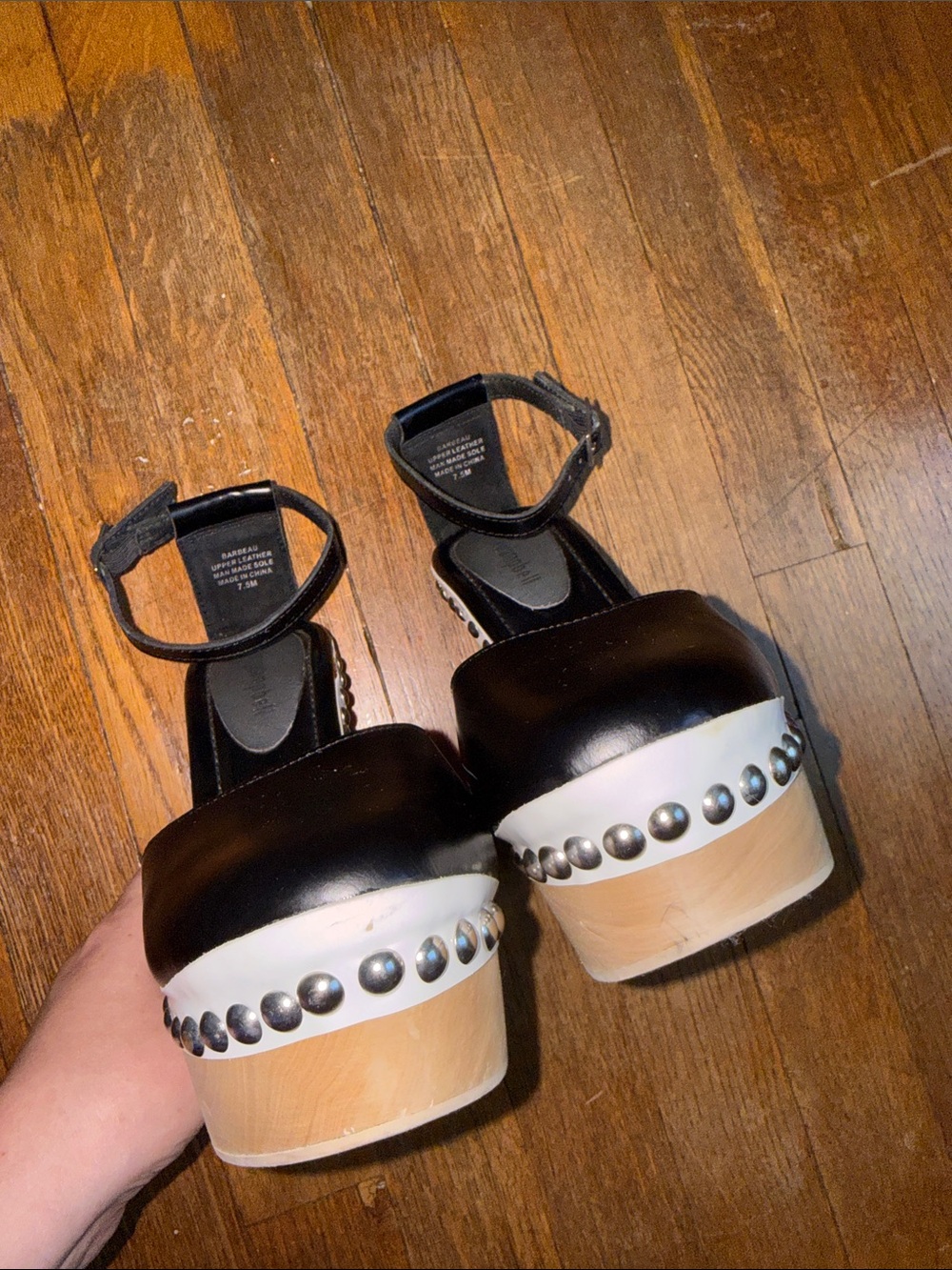 Jeffrey Campbell Barbeau Black Studded Platform Clog with Natural Wood Heel - Picture 2 of 7